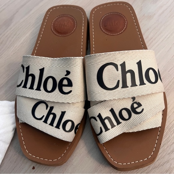 Chloé - Woody Linen Logo Slide Sandals - Picture 6 of 7